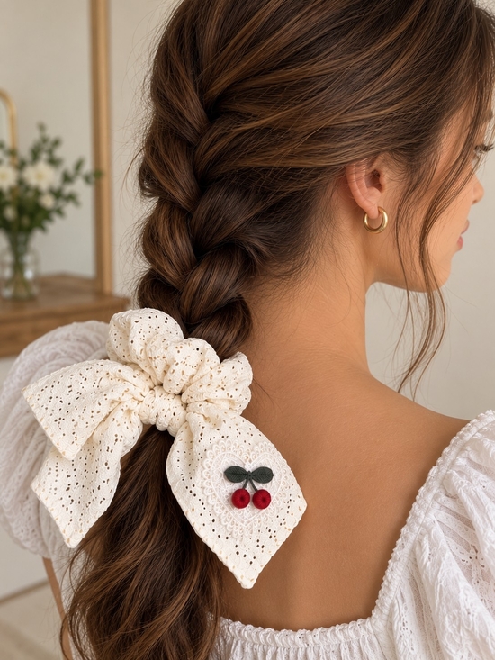 Accessories - Cream Eyelet Bow Scrunchie with Cherry Charm - Women Accessories